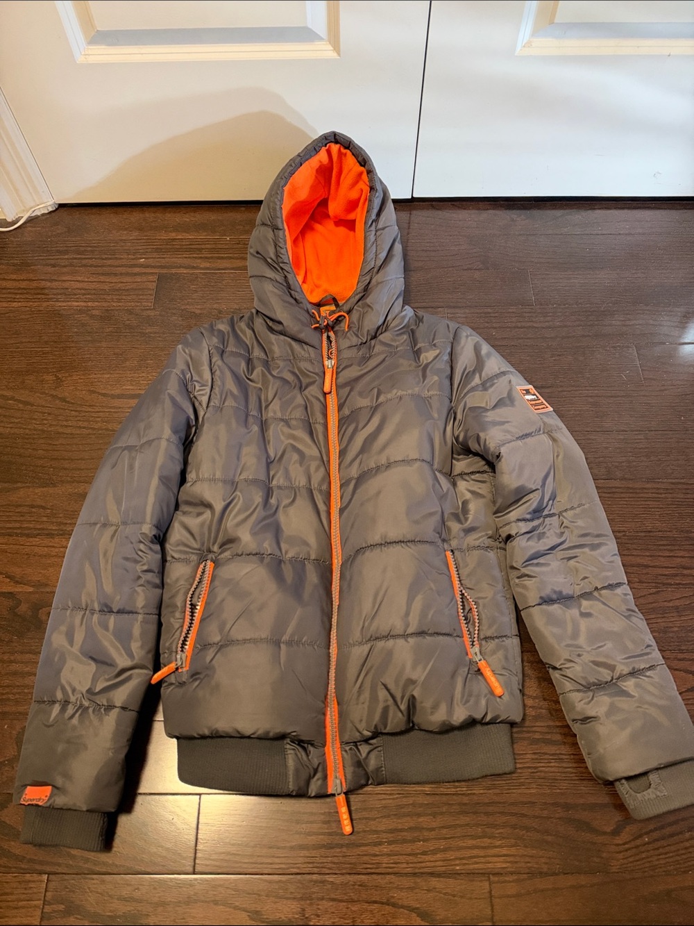 Superdry Gray Puffer Jacket with Orange Lining